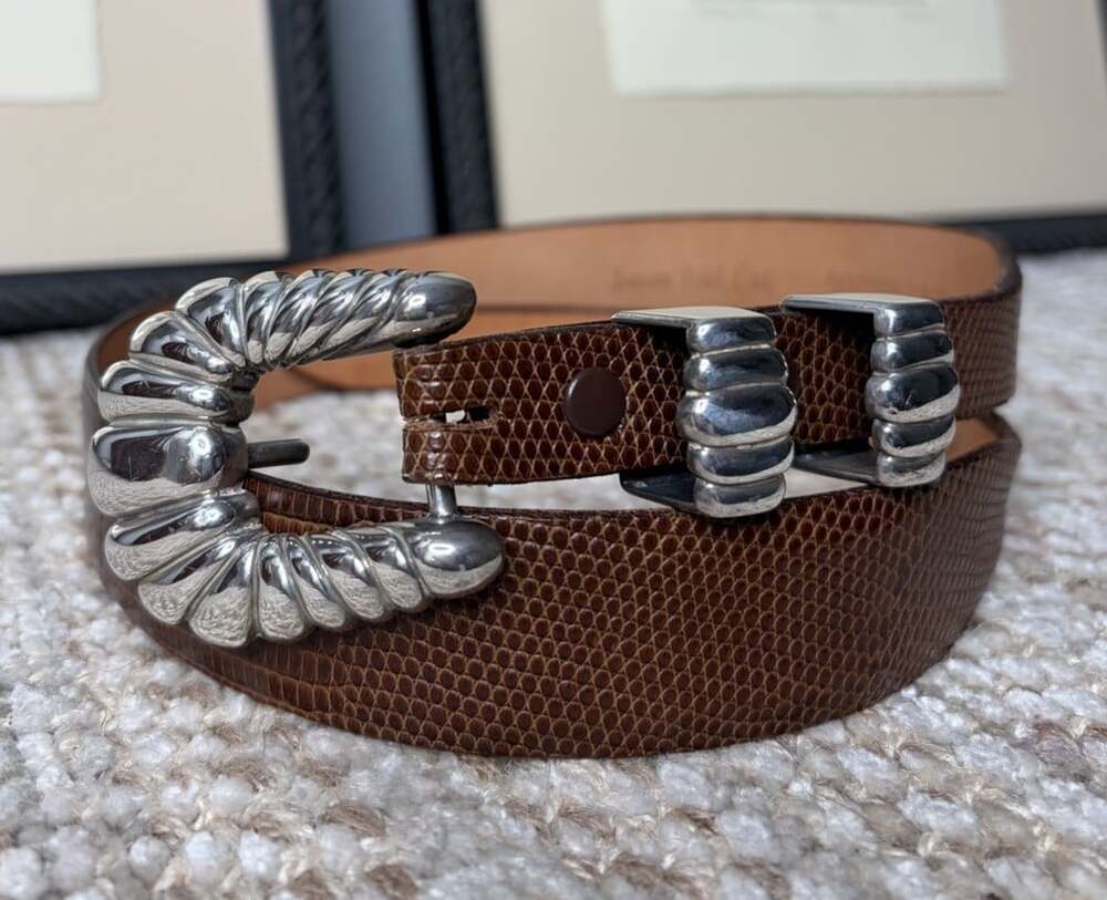 James Reid Brown Genuine Lizard Belt 925 Sterling Silver Buckle/Loops Size 26